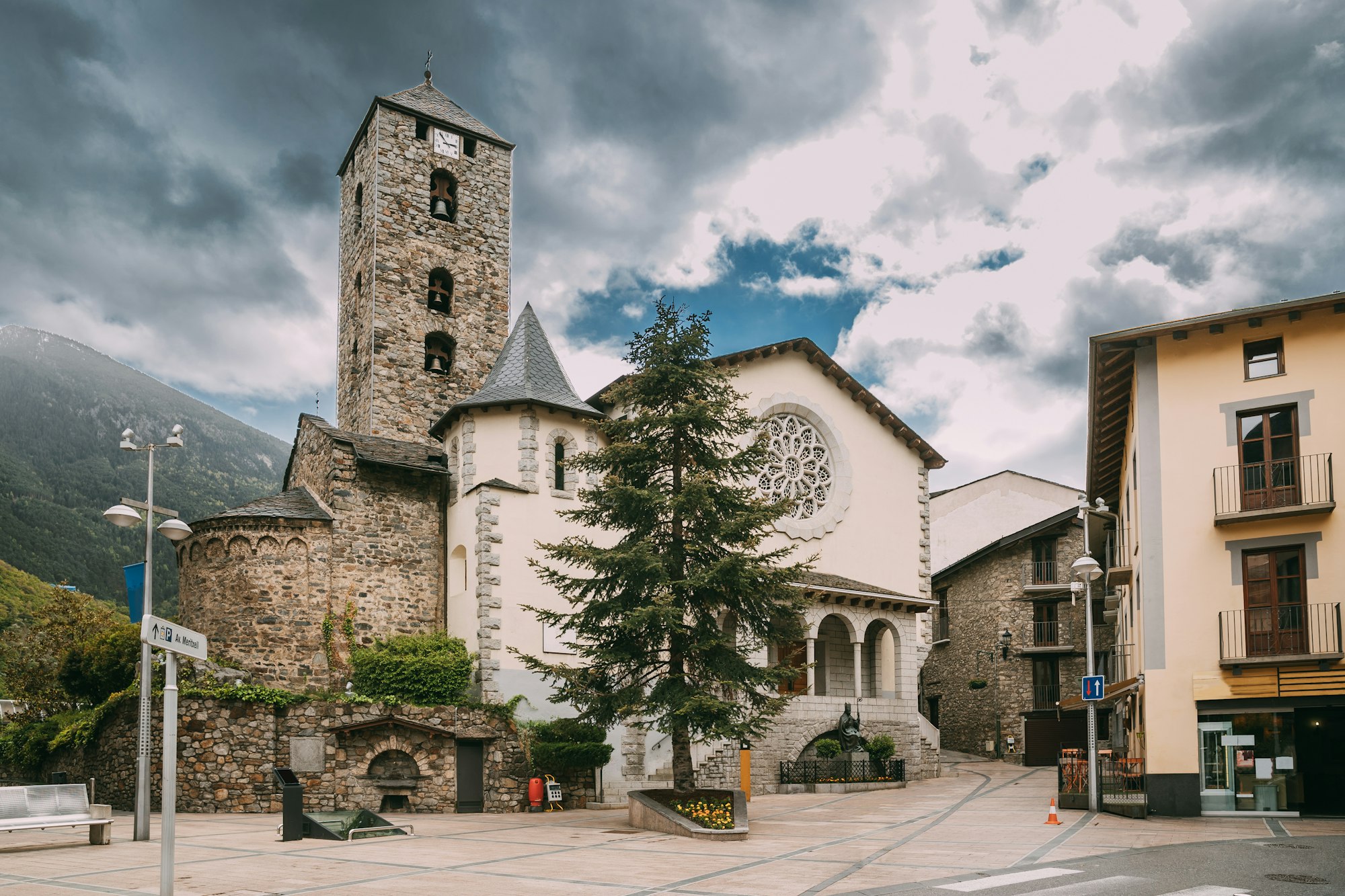 Andorra La Vella, Andorra. View Of Prince Benlloch Square Near Famous Church Of Saint Esteve